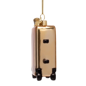 Vondels gold suitcase Christmas tree decoration with black wheels and handles, hanging ornament with gold cord