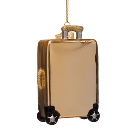Vondels gold suitcase Christmas tree decoration with black wheels and glittery handle, hanging ornament