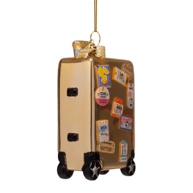 Vondels gold glass suitcase tree decoration with travel stickers and black wheels, hung with gold cord