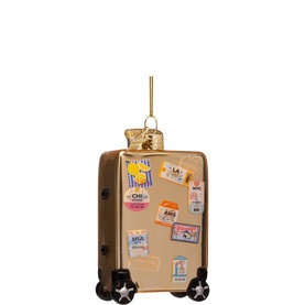 Gold Suitcase with Stickers Glass Tree Decoration 10cm