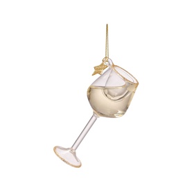 Glass wine goblet Christmas tree ornament with gold rim and hanging chain, filled with white wine detail