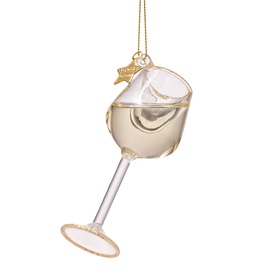 Glass white wine Christmas tree ornament with gold star charm and glitter trim detail, hanging decoration