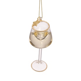 Glass wine goblet Christmas tree hanging ornament with gold glitter rim, lemon slice detail, and gold hanging cord