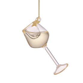 Glass white wine goblet Christmas tree ornament with gold rim detail and hanging cord, clear with gold star accent
