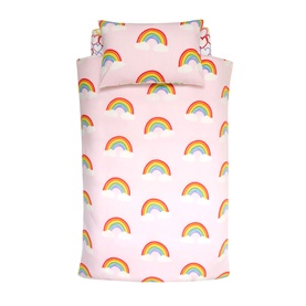 Catherine Lansfield Rainbow Hearts Duvet Set Pink, single bed size, pink ground with multicoloured rainbow and cloud repeat print