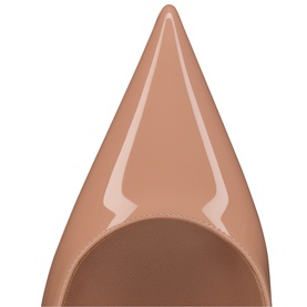Christian Louboutin pointed-toe court shoe in blush patent leather with signature red sole, close-up toe detail