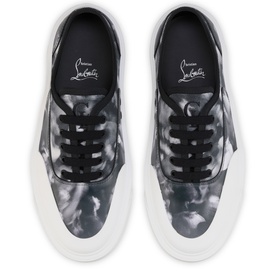 Christian Louboutin black and white marbled low-top trainers, black laces, white sole, red branding tab at heel, top-down view