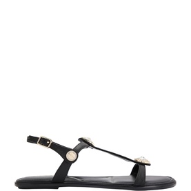 Carvela Amalia Embellished Sandals in black leather with gold-tone hardware, crystal embellishments on T-bar strap, and slingback fastening
