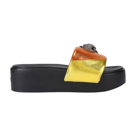 Kurt Geiger London Meena Eagle Head Platform Slides in multi rainbow stripe with antiqued silver eagle head detail and black platform sole