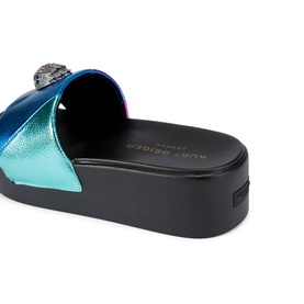 Kurt Geiger London Meena Eagle Head Platform Slides in multi iridescent blue-green, antiqued silver eagle head detail, black platform sole