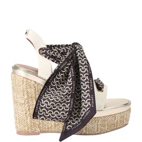 Carvela Sorrento Scarf Wedge Heels in white, lizard-embossed upper, black printed scarf strap detail, gold-tone raffia-style wedge sole