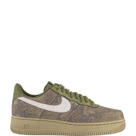 Nike Air Force 1 Trainers in green camo canvas upper with white Swoosh, nubuck detailing, and tan rubber sole