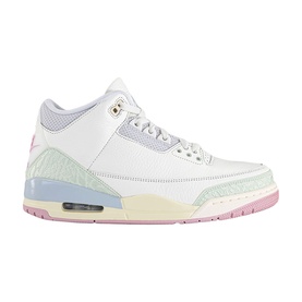 Air Jordan 3 Retro trainers in white with pastel pink, mint green, and blue accents, visible Air unit, gold eyelets, pink outsole
