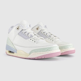 Air Jordan 3 Retro trainers in white with pastel pink, blue and green panel details, gold hardware, and pink midsole