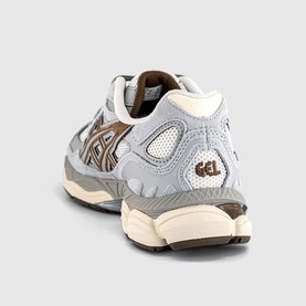 ASICS Gel-NYC trainer in grey and brown mesh and leather upper with cream GEL heel unit and chunky off-white sole