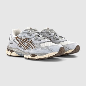 ASICS GEL-NYC trainers in light grey and brown, featuring mesh and suede panels with a chunky cream and grey sole