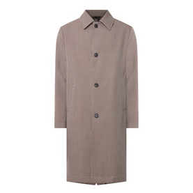 Hugo Boss open brown houndstooth wool coat with button front, spread collar, and longline silhouette