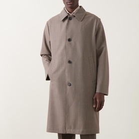 Model wearing Hugo Boss Open Brown virgin wool coat with point collar and single-breasted button front, mid-length cut