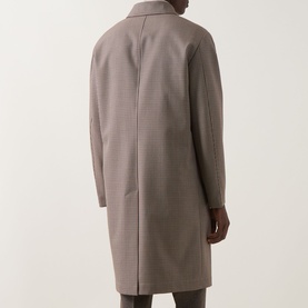 Model wearing Hugo Boss open brown wool coat, shown from rear, featuring centre back seam, notched collar and longline silhouette