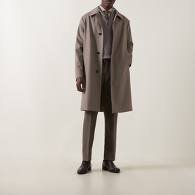 Model wearing Hugo Boss Open Brown wool coat, styled with grey shirt, brown trousers and black leather shoes