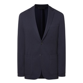 Hugo Boss dark blue single-button blazer jacket with notch lapels and patch pockets, 55% polyester, 42% wool blend