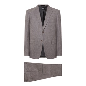 Hugo Boss dark brown wool-blend suit with single-button jacket and tailored trousers, laid flat