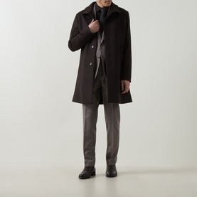 Model wearing Hugo Boss dark brown wool blend overcoat, styled with grey trousers and black loafers