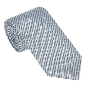 Hugo Boss light pastel blue silk blend tie with fine woven texture, rolled to show width and construction