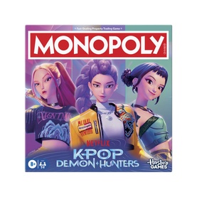 Monopoly KPop Demon Hunters board game, multi-coloured box featuring three animated K-pop characters, Netflix edition by Hasbro Gaming