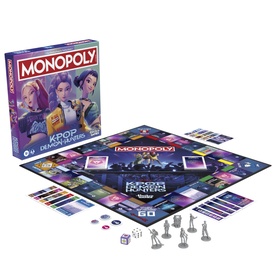 Monopoly KPop Demon Hunters board game, multicoloured box and open gameboard with tokens, cards, dice and fan chips included