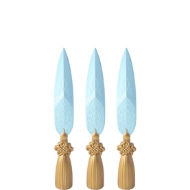 Kpop set of 3 light blue and gold decorative feather-shaped toys with ornate knotted tassel handles