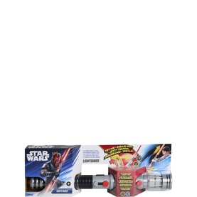 Star Wars Darth Maul Electronic Double-Bladed Lightsaber toy in multicolour packaging, showing extended red lightsaber prop