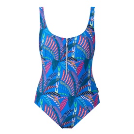 Anita Elouise Floral Zip Swimsuit in Sardinia, bold blue multicolour fan print, front zip neckline, wide shoulder straps