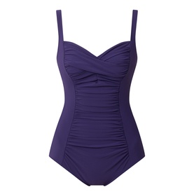 Anita Michelle Ruched One-Piece Swimsuit in Blackberry with sweetheart neckline, wrap drape front, ruched panels, and adjustable straps