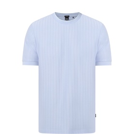 Boss Black Casual Open Blue cotton crew neck T-shirt with tonal vertical stripe texture, short sleeves and ribbed collar