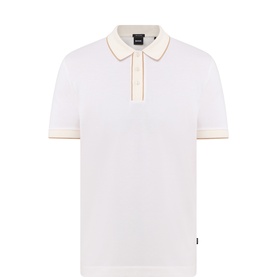 Boss Black Casual Open White cotton polo shirt with contrast tipped collar and sleeve hems, short sleeves, and zip placket