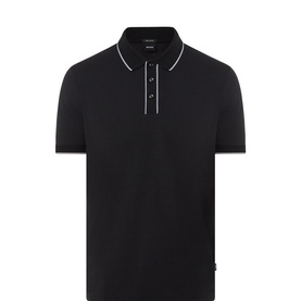 Boss Black Casual black cotton polo shirt with white tipping on collar and cuffs, three-button placket, short sleeves