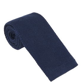 Boss Black Casual navy knitted wool tie with square end, shown rolled to display textured weave detail
