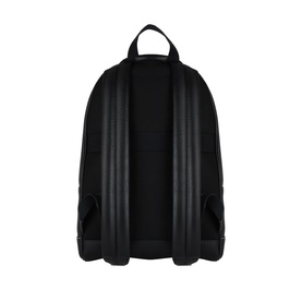 Calvin Klein black polyurethane backpack, rear view showing padded back panel, adjustable shoulder straps and top carry handle