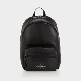 Calvin Klein black backpack with silver-tone logo, front zip pocket, dual top handles and padded back straps