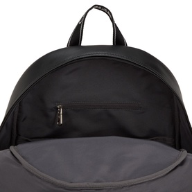 Calvin Klein black backpack, open top view showing grey fabric interior lining and internal zip pocket, silver-tone hardware