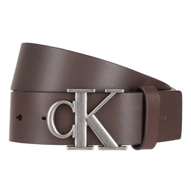 Calvin Klein dark brown leather belt with silver-tone CK monogram buckle
