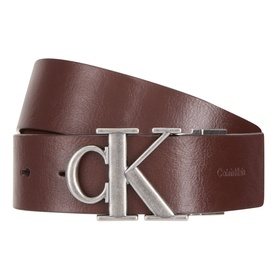 Calvin Klein belt in chestnut brown leather with silver-tone CK monogram logo buckle