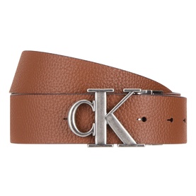 Calvin Klein chestnut brown pebbled leather belt with silver-tone CK monogram logo buckle