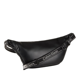 Calvin Klein Bold Logo Belt Bag in black faux leather with silver-tone hardware and branded adjustable webbed strap