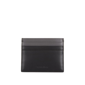 Calvin Klein black nappa leather cardholder with contrast grey top panel, slim flat design with embossed logo