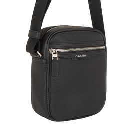 Calvin Klein black crossbody bag with silver-tone zip, textured front pocket, and adjustable black shoulder strap