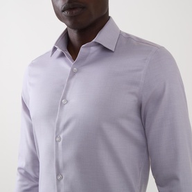 Model wearing Calvin Klein Stretch Single-Cuff Shirt in burgundy, classic collar, slim fit, button fastening, long sleeves
