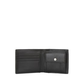 Calvin Klein black bifold wallet open, showing multiple card slots and coin compartment with press-stud closure