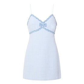 Light blue tweed mini slip dress with bow detail, ruffle-trimmed V-neckline and thin shoulder straps